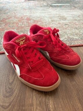 Reebok Red Suede Sneakers with White Stripe and Gum Sole